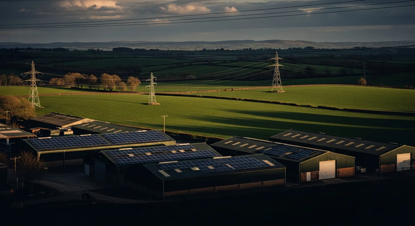 Working UK farm with rooftop solar on agricultural buildings and open land suitable for wind or ground-mount solar