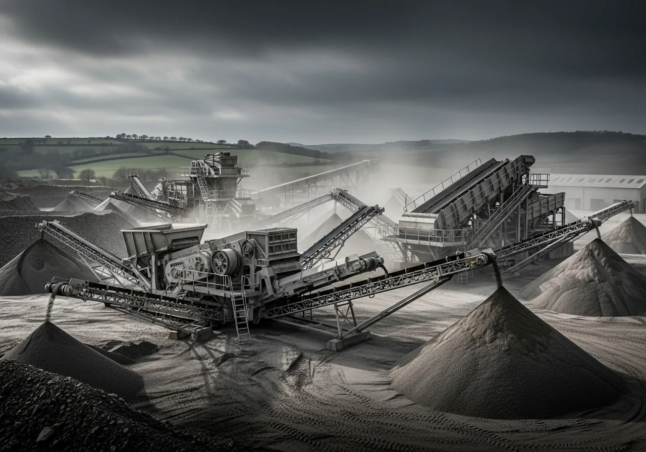 Aggregates processing plant — crushers, conveyors and screening — on a rural site