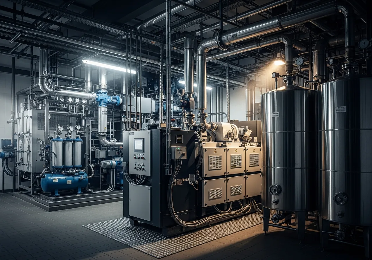 Bakery plant room with a cogeneration unit, hot-water buffer tanks and refrigeration plant