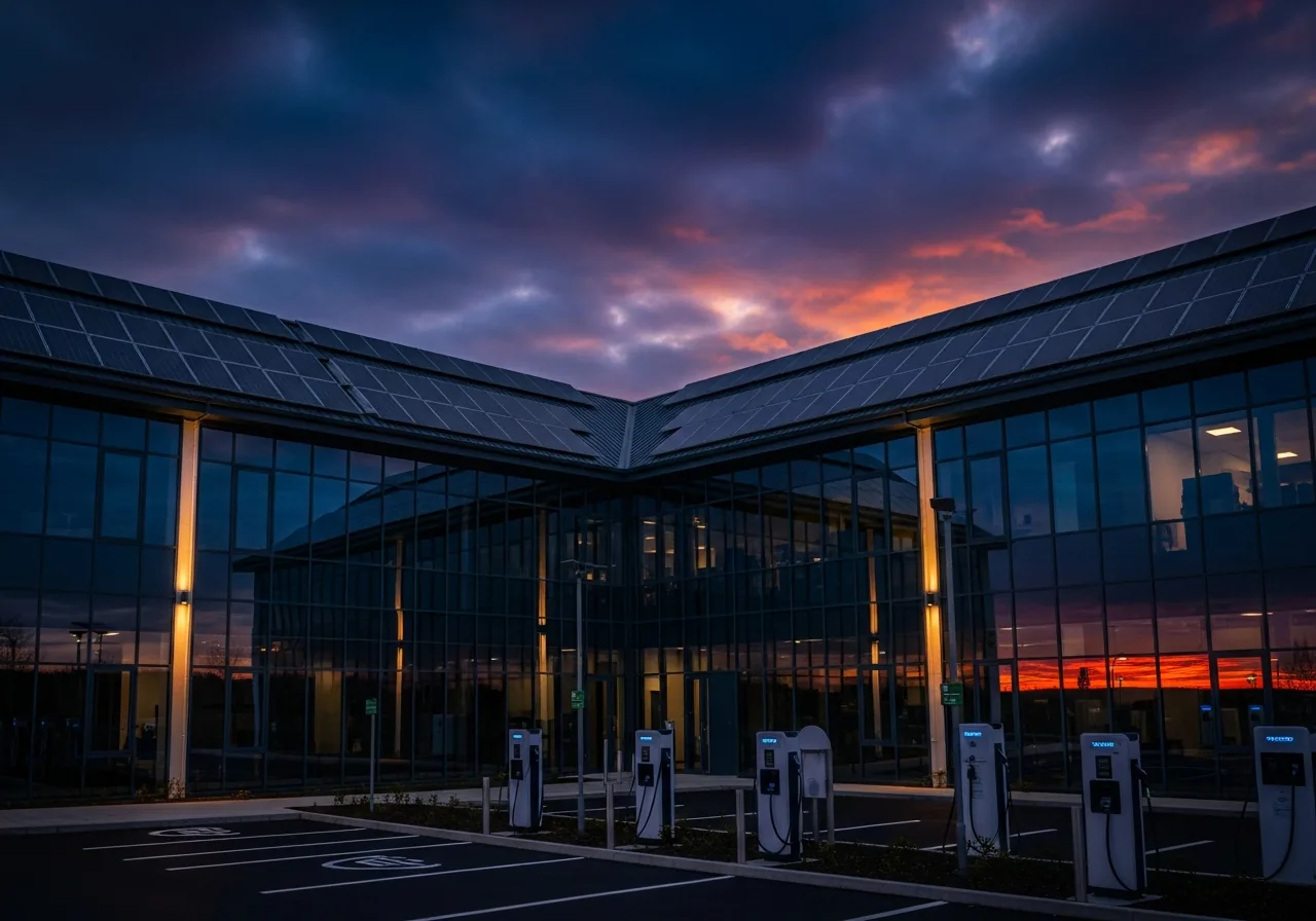 Commercial office building with rooftop solar array and EV charging stations in the courtyard below