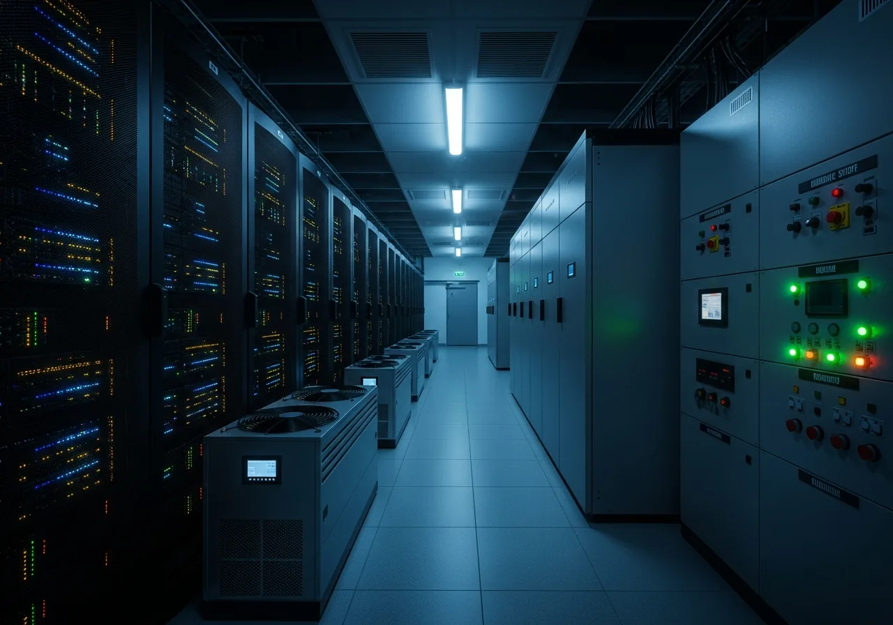 Data centre server racks with precision cooling units, UPS cabinets and HV switchgear panels