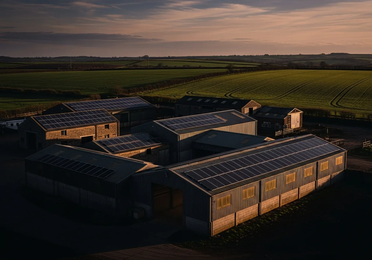 Agricultural buildings with rooftop solar panels and open farmland in a rural UK setting