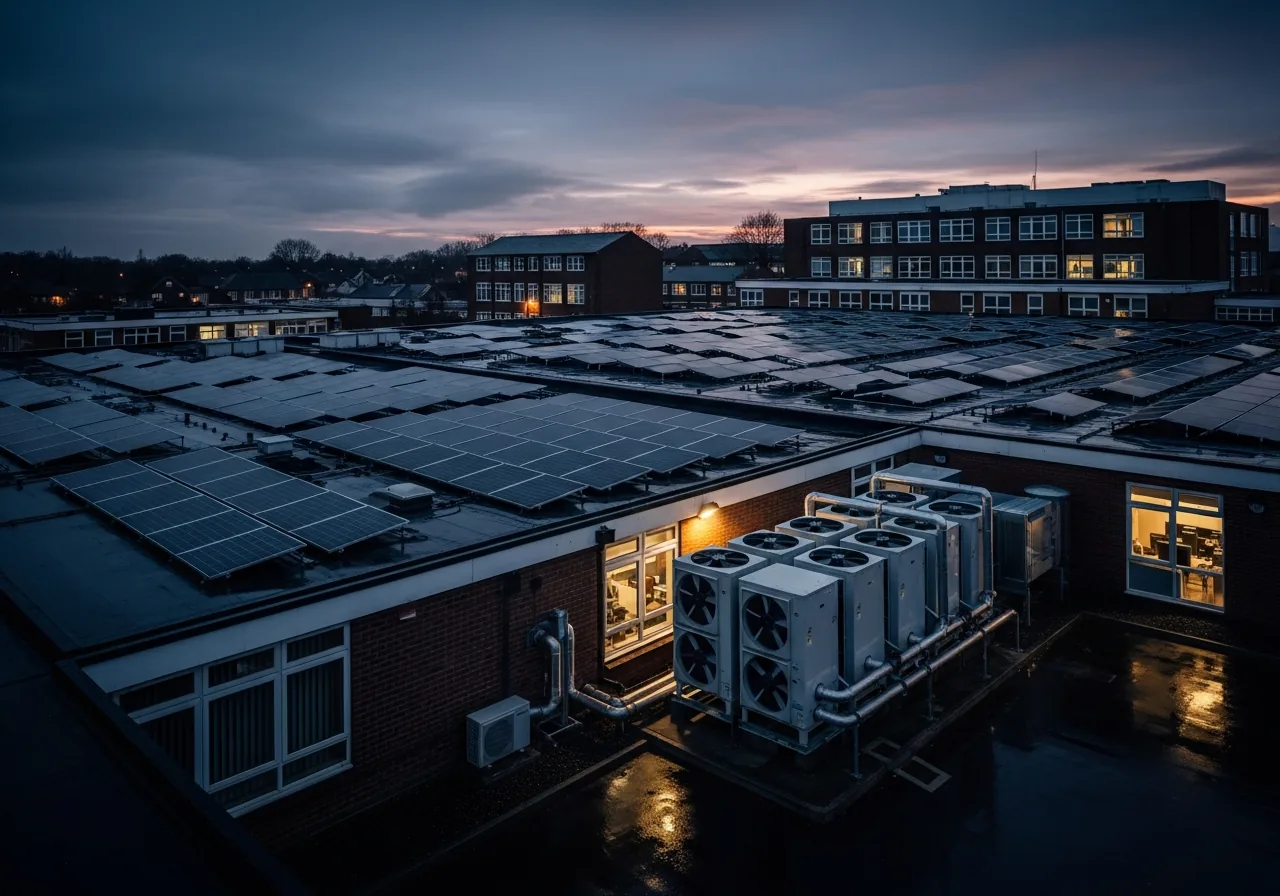 Public-sector rooftops with solar panels and an external air-source heat pump installation