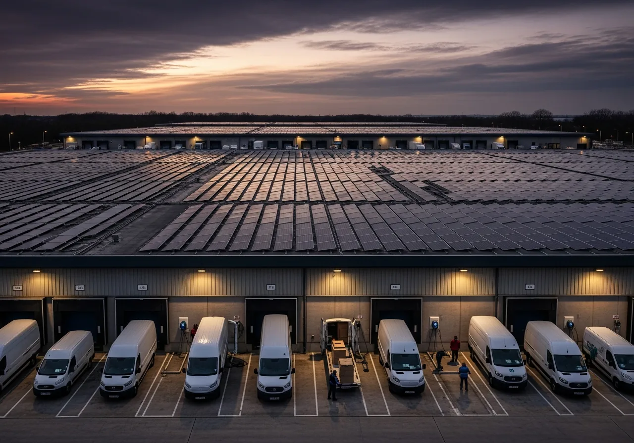 Warehouse rooftop solar array above busy loading bays with electric vans charging