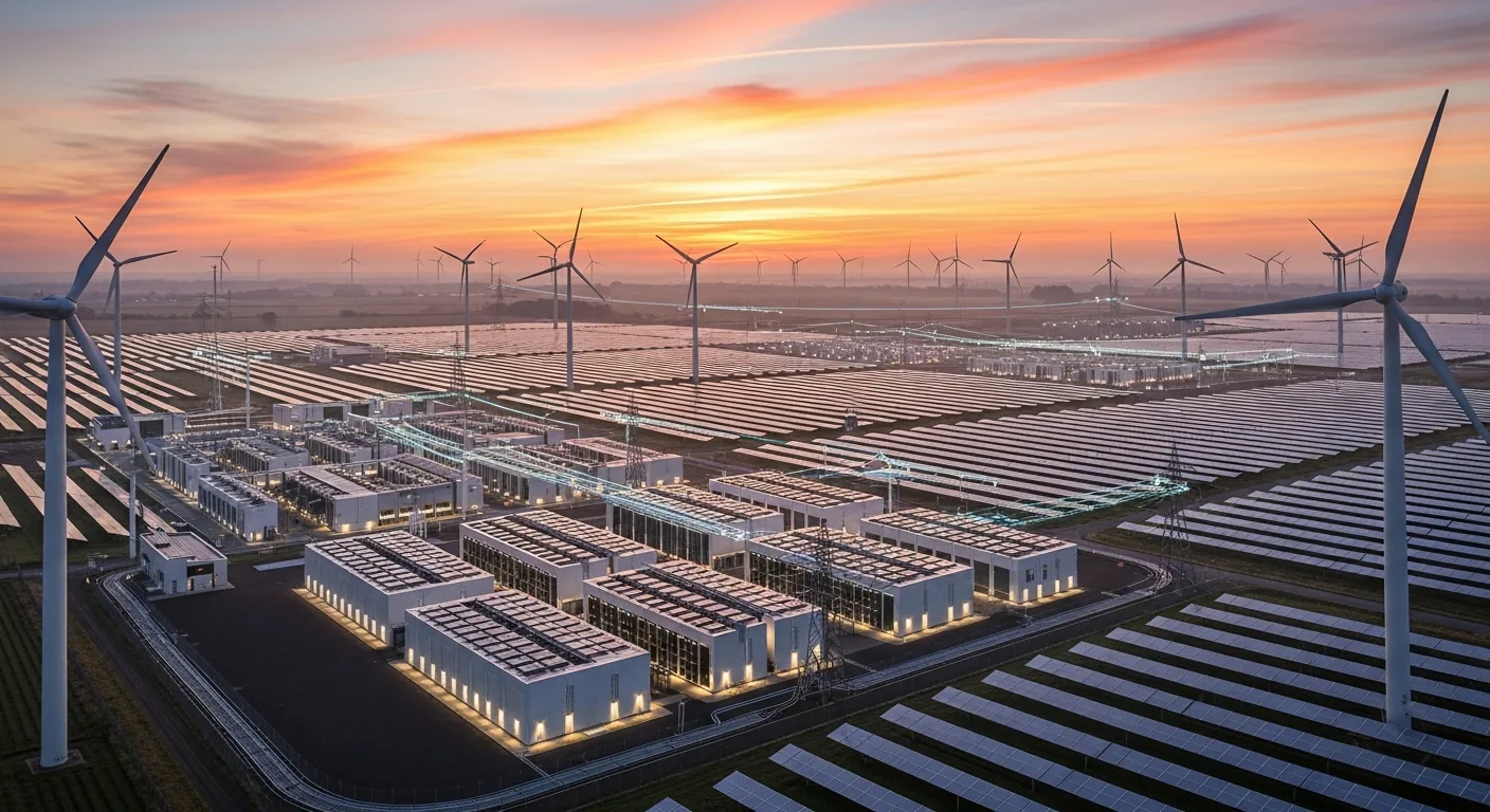 Futuristic energy landscape with solar and wind