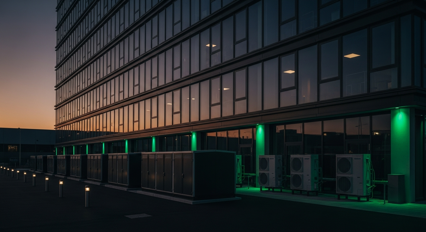 Commercial office building with battery storage and heat pump units