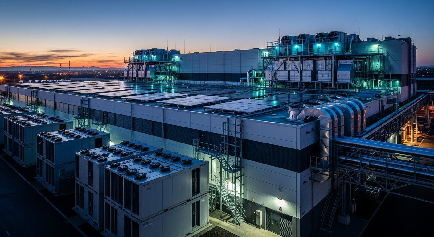 Data centre server hall with battery and solar infrastructure