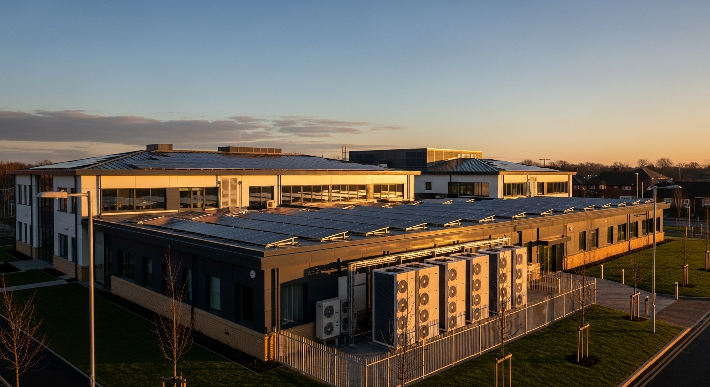 Public sector office complex with solar panels and heat pump units