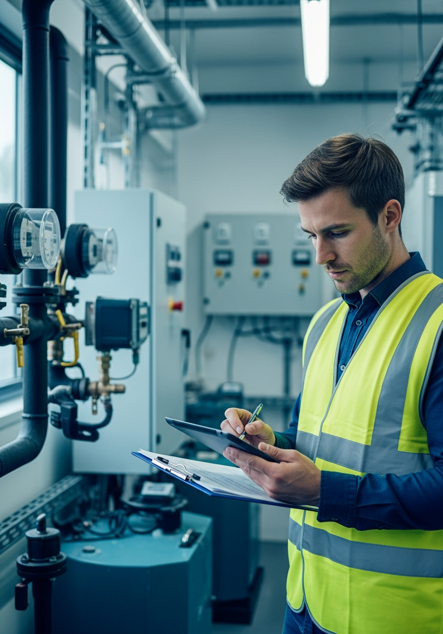 Energy assessor reviewing compliance documentation at a UK commercial site